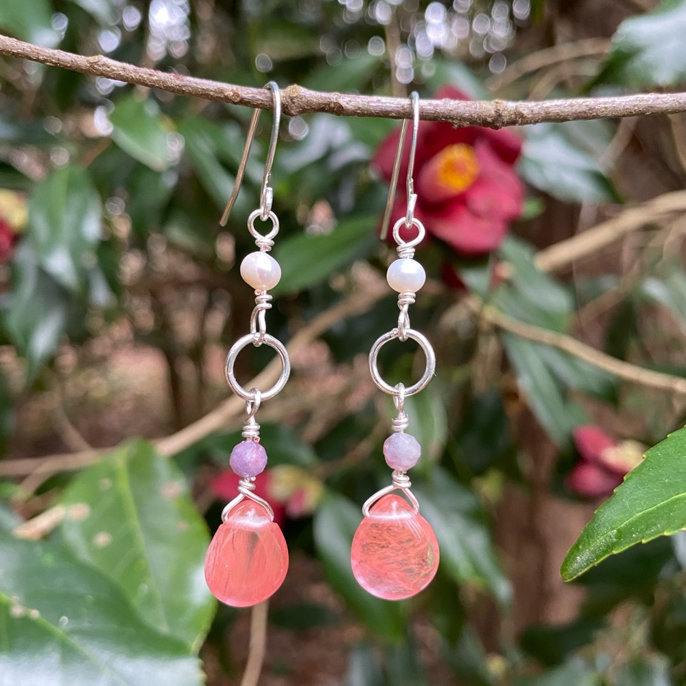 Silver and Strawberry Quartz Drop Earrings - Picture 6 of 6